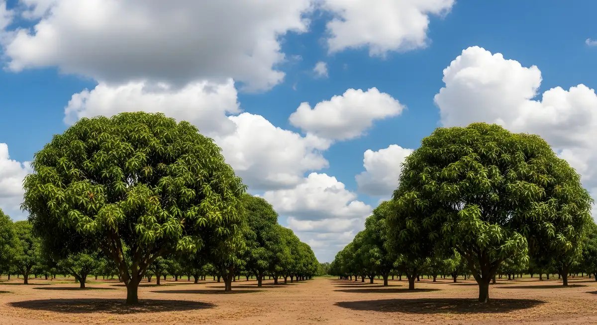 Modern orchard management ecosystem with organized plantation layout, sustainable cultivation practices, and digital farm operations.